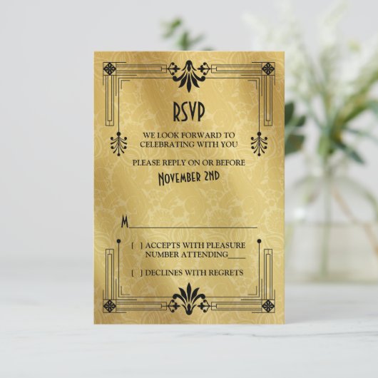 Art Deco Roaring 20s Zwart Goud Bruiloft RSVP Kaar (Staand voorkant)