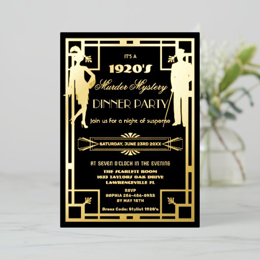 Art Deco Roaring Twenties Moordmysterie Feest Echt Folie Uitnodiging (Staand Voorkant)