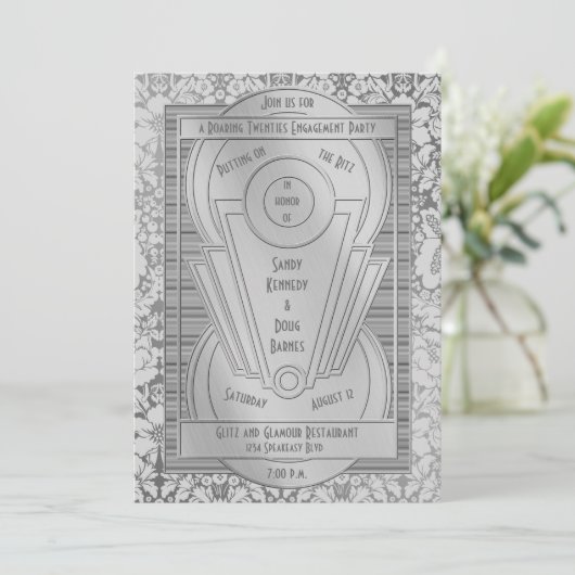 Art Deco Roaring Twenties Silver Engagement Party Kaart (Staand voorkant)