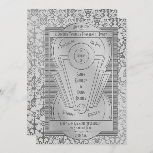 Art Deco Roaring Twenties Silver Engagement Party Kaart (Voorkant / Achterkant)