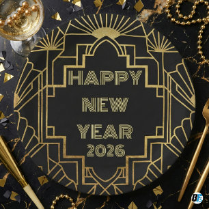 Art Deco Roaring Twenties Zwart Goud Nieuwjaar 202 Papieren Bordje