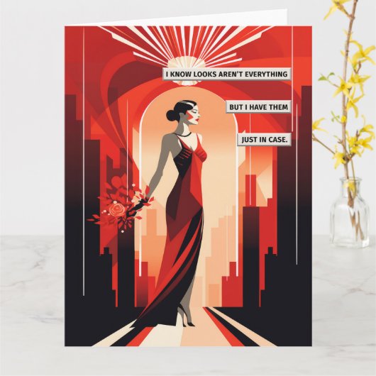 Art Deco Rode Jurk Vrouw Kaart (Gele Bloem)