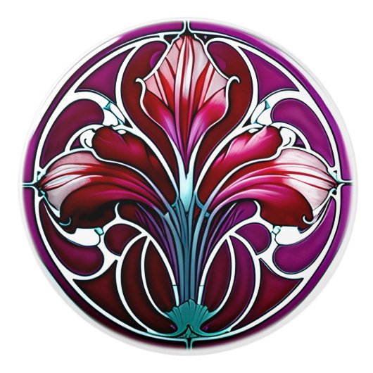 Art Deco Rode Paarse Gestileerde Lelie 2 Keramische Knop (Voorkant)