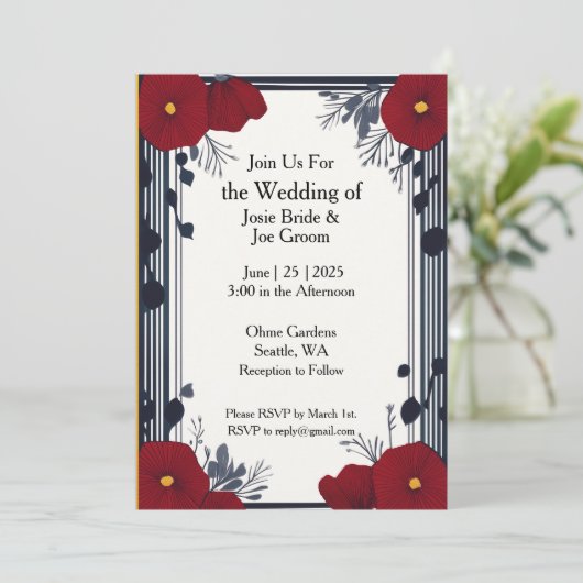 Art deco rode papavers bruiloft uitnodiging (Staand voorkant)