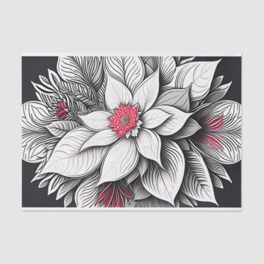 Art Deco Rode Poinsettia Kerstlijn Tekening Tissuepapier (Voorkant)