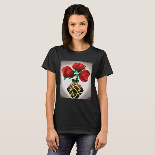 Art Deco rode rozen in vaas Abstracte kunst trui H T-shirt (Voorkant volledig)