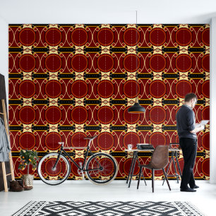 Art Deco Rood en Zwart Cirkelvormig Patroon Behang