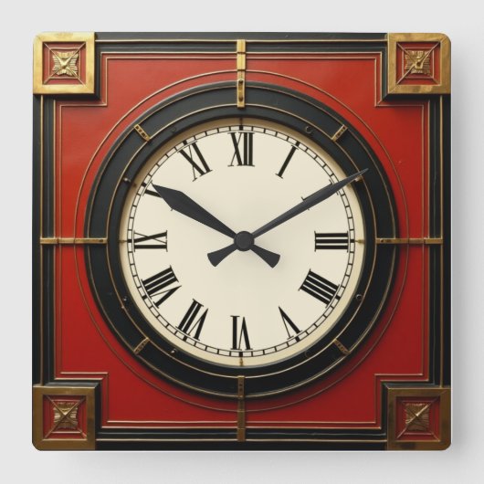 Art Deco Rood Vierkante Klok (Voorkant)
