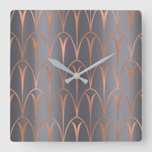 Art Deco Roos Gold Copper Geometry Grey Gray Vierkante Klok