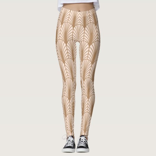Art Deco Roos: Golden Peacock Feathers Leggings (Voorkant)