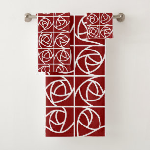 Art Deco Roos Vierkantjes Gestileerde Bloemen Prim Bad Handdoek