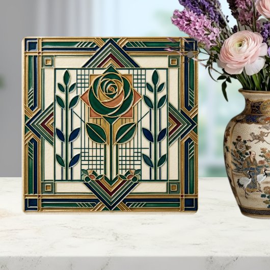 Art Deco Rose Geometric Emerald Green Tile Tegeltje