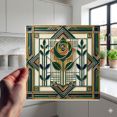 Art Deco Rose Geometric Emerald Green Tile Tegeltje