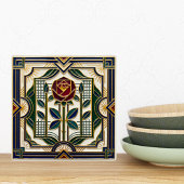 Art Deco Rose Red Blue Green Gold Floral Art Tile Tegeltje