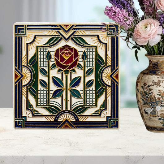 Art Deco Rose Red Blue Green Gold Floral Art Tile Tegeltje