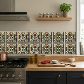 Art Deco Rose Red Blue Green Gold Floral Art Tile Tegeltje