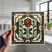 Art Deco Rose Red Blue Green Gold Floral Art Tile Tegeltje