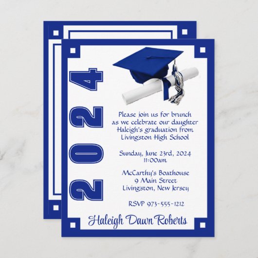 Art Deco Royal Blue en White Afstuderen Kaart (Voorkant / Achterkant)