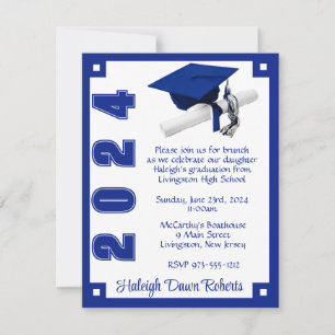 Art Deco Royal Blue en White Afstuderen Kaart