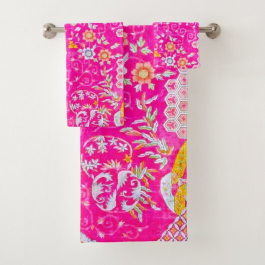 Art Deco Roze Bloemen Badhanddoek Set Bad Handdoek (Insitu)