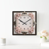 Art Deco roze bloemen Vierkante Klok (Huis)