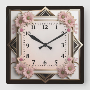 Art Deco roze bloemen Vierkante Klok