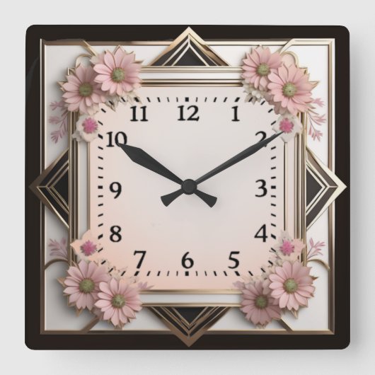 Art Deco roze bloemen Vierkante Klok (Voorkant)