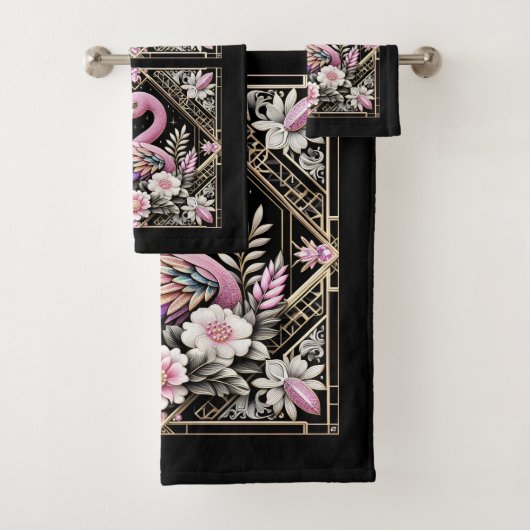 Art Deco Roze en Regenboog Flamingo Bad Handdoek (Insitu)