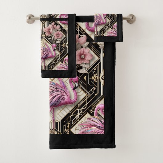 Art Deco Roze Flamingo Bad Handdoek (Insitu)