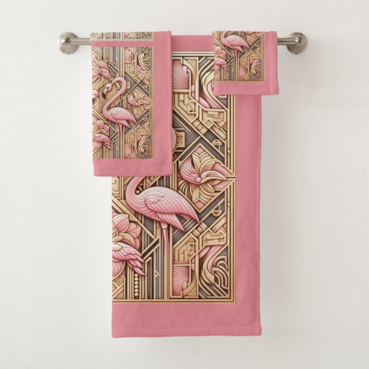 Art Deco Roze Flamingo Bad Handdoek (Insitu)
