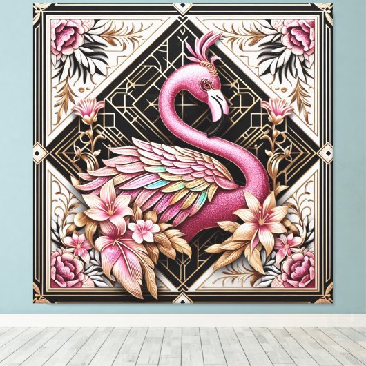 Art Deco Roze Flamingo Canvasprint Canvas Afdruk (Insitu (Houten vloer))