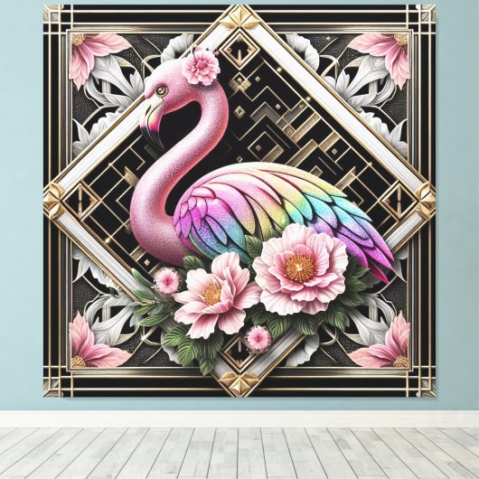 Art Deco Roze Flamingo Canvasprint Canvas Afdruk (Insitu (Houten vloer))