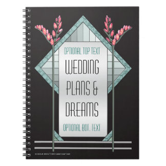 Art Deco Roze Poesje Willow en Aqua Glass op Zwart Notitieboek