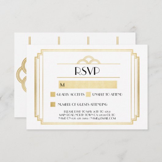 Art Deco RSVP-kaarten 1920's Goud Wit Reactie RSVP Kaartje (Voorkant / Achterkant)