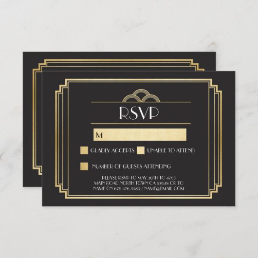 Art Deco RSVP-kaarten 1920's Goud Zwart Reactie Kaart (Voorkant / Achterkant)