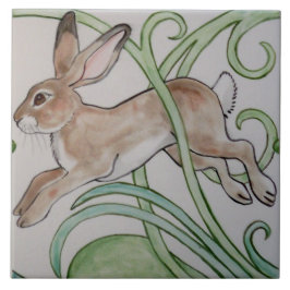 Art Deco Running Rabbit Designer Tile Trivet Green Tegeltje