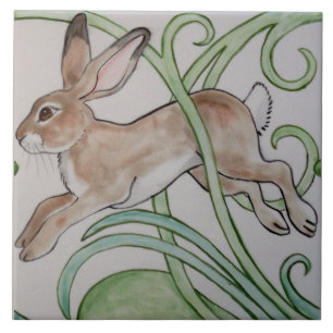 Art Deco Running Rabbit Designer Tile Trivet Green Tegeltje