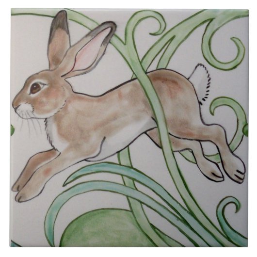 Art Deco Running Rabbit Designer Tile Trivet Green Tegeltje (Voorkant)