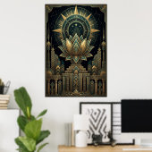 Art Deco Sacred Lotus Celestial Compass Poster (Thuiskantoor)