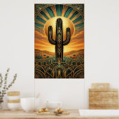 Art Deco Saguaro Cactus Sunburst Desert Gold Teal Poster (Keuken)