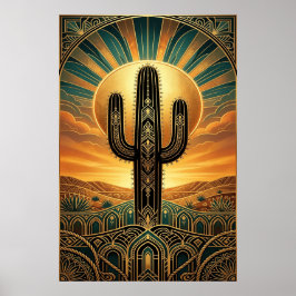 Art Deco Saguaro Cactus Sunburst Desert Gold Teal  Poster