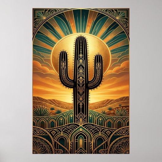 Art Deco Saguaro Cactus Sunburst Desert Gold Teal Poster (Voorkant)