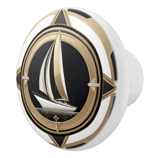Art Deco Sailing Boat Black White Gold Nautical Keramische Knop (Rechts)