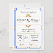 Art Deco Sapphire Blue & Gold Wedding Kaart (Voorkant)
