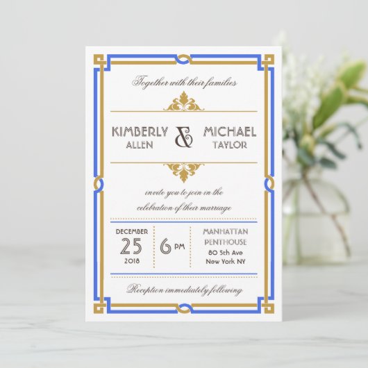  Art Deco Sapphire Blue & Gold Wedding Kaart (Staand voorkant)