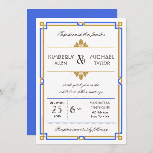 Art Deco Sapphire Blue & Gold Wedding Kaart (Voorkant / Achterkant)
