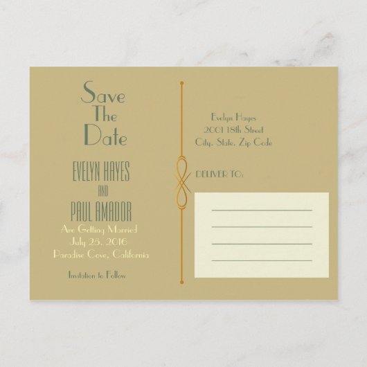 Art Deco Save The Date beroemd gemaakt door Gatsb Aankondigingskaart (Achterkant)