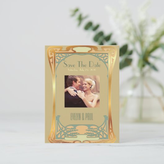 Art Deco Save The Date beroemd gemaakt door Gatsb Aankondigingskaart (Staand voorkant)