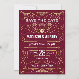 Art Deco Save the Date Bruiloft Goud Bourgogne Kaart