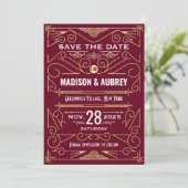 Art Deco Save the Date Bruiloft Goud Bourgogne Kaart (Staand voorkant)